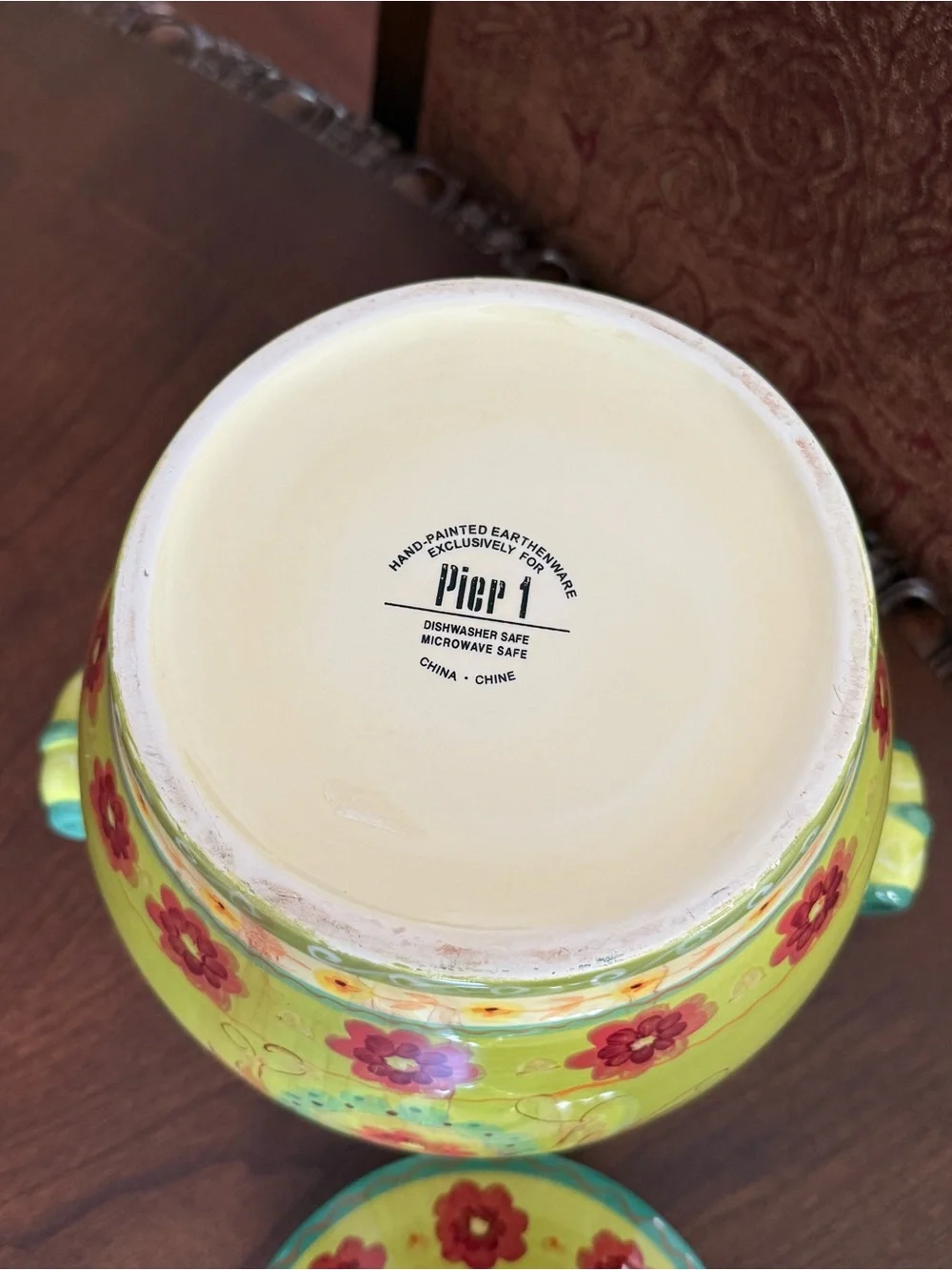 Pier 1 Hand-Painted Ceramic Cookie Jar Canister Lime Green Floral Lid w/Seal 12”